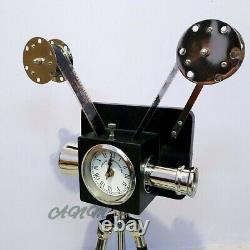 Antique Vintage Style Projector Camera With Clock Wooden Tripod Stand Home Decor