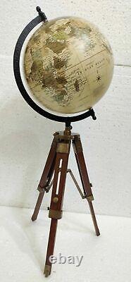 Antique Vintage Table Stand World Globe Ornament On Wooden Tripod Decor Gift