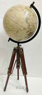 Antique Vintage Table Stand World Globe Ornament On Wooden Tripod Decor Gift