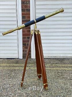 Antique Vintage Telescope With Wooden Tripod Stand