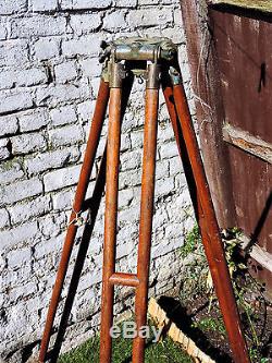 Antique Vintage Wooden Camera Tripod Brass & Wood Leather Strap Telescope Film