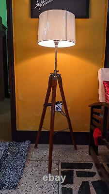 Antique Vintage Wooden Tripod, Nautical Floor Lamp, Adjustable Tripod Shade Lamp