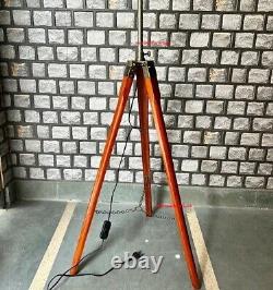 Antique Wooden Corner Floor Tripod Stand Vintage Brass Brown Suitable For Camera