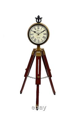 Antique Wooden Tripod Stand Table Clock Deck Clock Vintage Style Nautical Decor