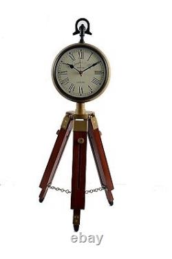 Antique Wooden Tripod Stand Table Clock Deck Clock Vintage Style Nautical Decor