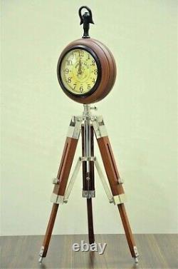 Antique Wooden Tripod Stand Table Clock Deck Clock Vintage Style Nautical Decor