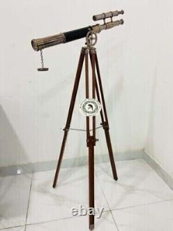 Antique Wooden Tripod Standing 39 Black & Brown Working Double Barrel Gift