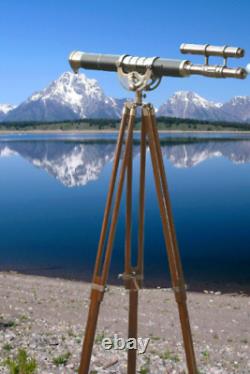 Antique Working Telescope Wooden Tripod Standing 39 Inch Double Barrel Gift