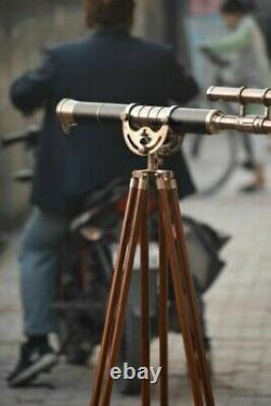 Antique Working Telescope Wooden Tripod Standing 39 Inch Double Barrel Gift
