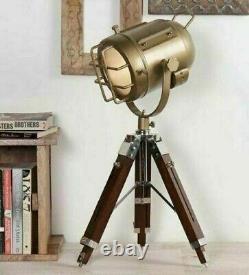 Antique finish vintage spot search light on wooden tripod table lamp home décor