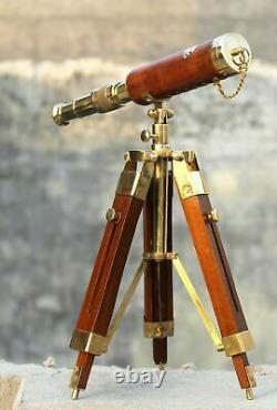 Antique nautical brass leather telescope with wooden tripod stand vintage gift