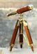 Antique Nautical Brass Leather Telescope With Wooden Tripod Stand Vintage Gift