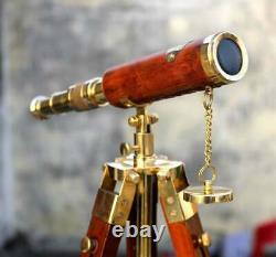 Antique nautical brass leather telescope with wooden tripod stand vintage gift