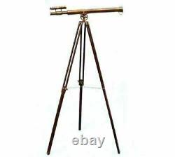 Antique nautical floor standing brass 39 inch telescope with wooden tripod stand