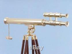 Antique solid brass telescope vintage double barrel scope with wooden tripod