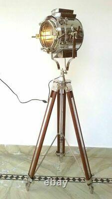 Antique vintage look wooden tripod spot big light floor lamp nautical home decor