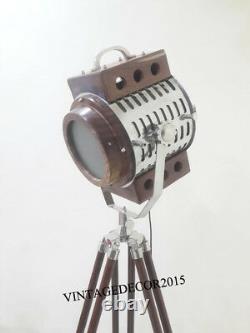 Beautiful Vintage Industrial Nautical Wooden Spotlight With Tripod Stand