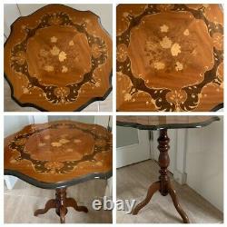 Beautiful Vintage Italian Floral Inlaid Lacquered Side Occasional Tripod Table