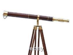 Brass 39 Inch Telescope With Wooden Tripod Stand Antique Nautical Floor Standing