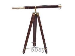 Brass 39 Inch Telescope With Wooden Tripod Stand Antique Nautical Floor Standing