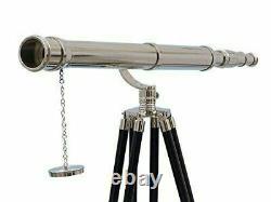 Brass 42 Inch Telescope With Wooden Tripod Stand Antique Nautical Floor Standing