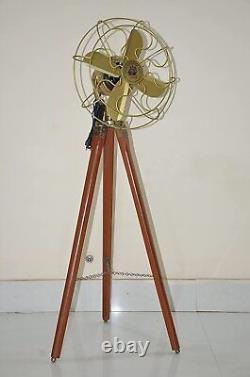 Brass Antique Electric Floor Fan With Wooden Tripod Stand Vintage Westinghouse