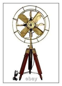 Brass Antique Electric Pedestal Fan With Wooden Tripod Stand Vintage gift