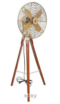 Brass Antique Pedestal Floor Fan Vintage Style With Wooden Tripod Stand