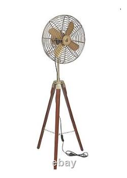 Brass Antique Pedestal Floor Fan Vintage Style With Wooden Tripod Stand