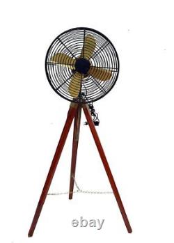 Brass Antique Pedestal Floor Fan Vintage Style With Wooden Tripod Stand Decor