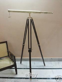 Brass Antique Telescope With Wooden Tripod Stand Vintage Decorative