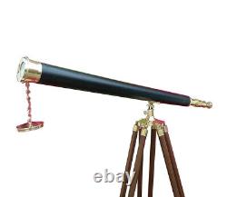 Brass Antique Vintage Black Leather Telescope On Wooden Tripod Spyglass Gift
