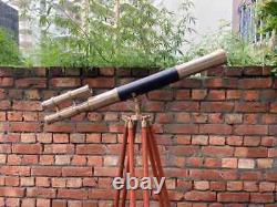 Brass Black Leather Telescope with Wooden Tripod Vintage Nautical Telescope Gift