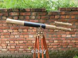 Brass Black Leather Telescope with Wooden Tripod Vintage Nautical Telescope Gift