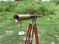 Brass Black Leather Telescope with Wooden Tripod Vintage Nautical Telescope Gift