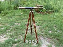 Brass Black Leather Telescope with Wooden Tripod Vintage Nautical Telescope Gift