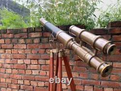 Brass Black Leather Telescope with Wooden Tripod Vintage Nautical Telescope Gift