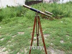 Brass Black Leather Telescope with Wooden Tripod Vintage Nautical Telescope Gift