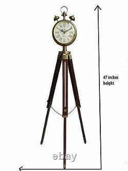 Brass Clock With Adjustable Wooden Tripod Stand Vintage Home Decorative Item