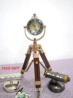 Brass Desktop Clock On Wooden Tripod Stand Brown Antique Finish Mechanism Clock