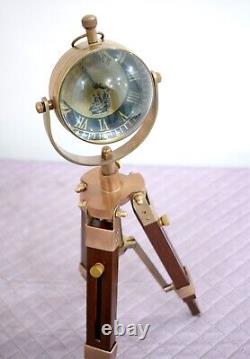 Brass Desktop Clock On Wooden Tripod Stand Brown Antique Finish Mechanism Clock