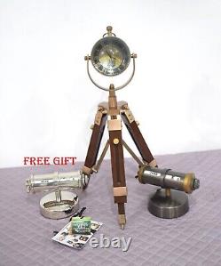 Brass Desktop Clock On Wooden Tripod Stand Brown Antique Finish Mechanism Clock