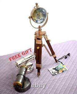 Brass Desktop Clock On Wooden Tripod Stand Brown Antique Finish Mechanism Clock