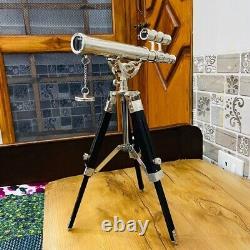 Brass Double Barrel Mini telescope With Wooden Tripod Stand Vintage Navy Ship