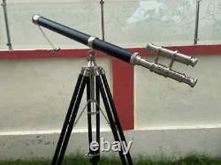 Brass Double Barrel Telescope with Wooden Tripod Home & Office Decor Vintage