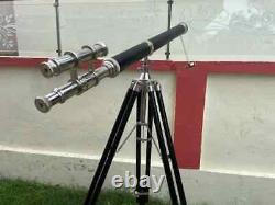 Brass Double Barrel Telescope with Wooden Tripod Home & Office Decor Vintage