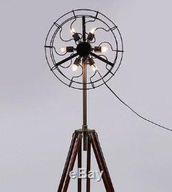Brass Floor Vintage 6 Holder Fan Lamp Fan Light with Solid Wooden Tripod Stand