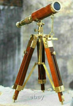 Brass Leather Telescope Nautical With Stand Wooden Tripod Vintage 10