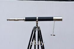 Brass Nautical Telescope With Silver Finish Floor Standing Wooden Tripod Gift