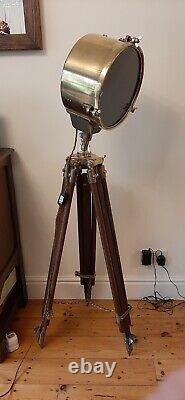 Brass Search Light On Wooden Tripod, Antique / Vintage